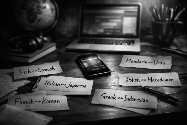 Ultra-realistic black-and-white image of a language learning desk with a smartphone at the center surrounded by notes showing multiple language pairs such as Irish–Spanish, Italian–Japanese, Mandarin–Urdu, and Polish–Macedonian, symbolizing flexible language pair learning.