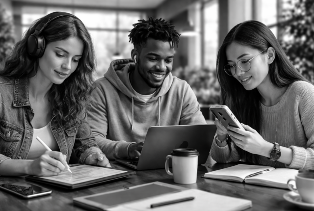 Ultrarealistic black-and-white 16:9 image of three young adults studying together at a table in a modern, sunlit space, using a laptop, tablet, and smartphone while smiling and collaborating—representing a modern, social approach to language learning apps in 2026.