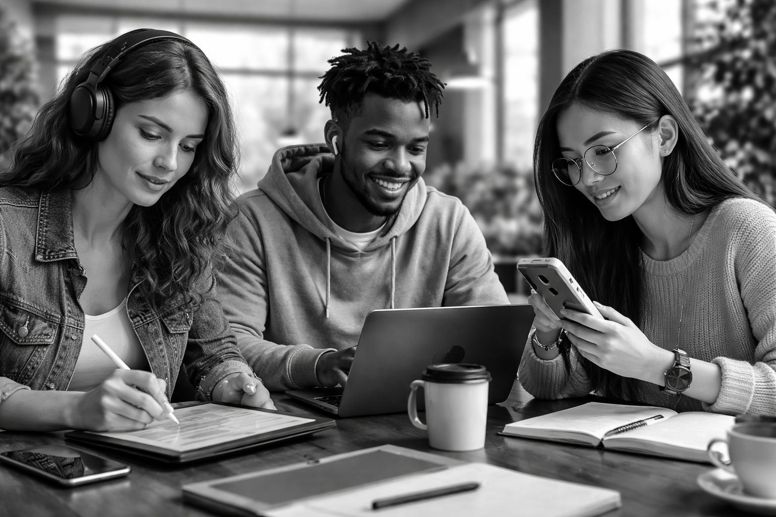 Ultrarealistic black-and-white 16:9 image of three young adults studying together at a table in a modern, sunlit space, using a laptop, tablet, and smartphone while smiling and collaborating—representing a modern, social approach to language learning apps in 2026.