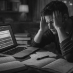 Ultrarealistic black-and-white image of a frustrated learner sitting at a desk with a laptop, books, and scattered notes, holding their head in their hands while using a language learning app, capturing the feeling of being stuck at an intermediate level and unable to progress further.
