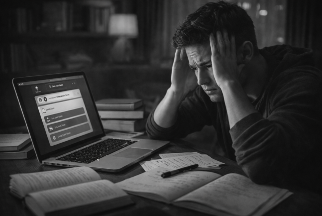 Ultrarealistic black-and-white image of a frustrated learner sitting at a desk with a laptop, books, and scattered notes, holding their head in their hands while using a language learning app, capturing the feeling of being stuck at an intermediate level and unable to progress further.