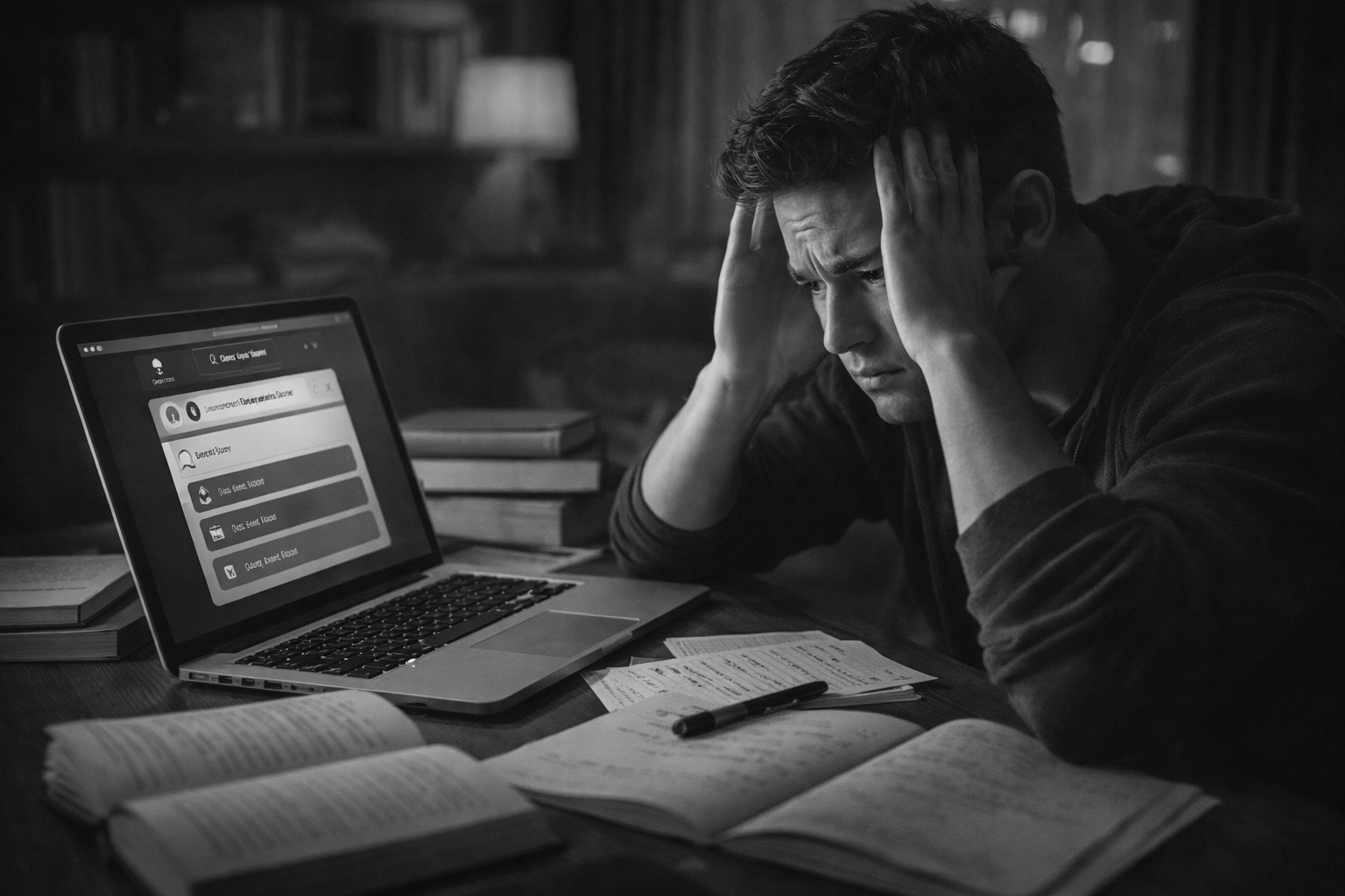 Ultrarealistic black-and-white image of a frustrated learner sitting at a desk with a laptop, books, and scattered notes, holding their head in their hands while using a language learning app, capturing the feeling of being stuck at an intermediate level and unable to progress further.