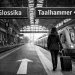 Black-and-white, ultrarealistic image of a large train station platform with high glass ceilings. A woman seen from behind walks forward pulling a suitcase. Overhead signs point in opposite directions: “Glossika” to the left and “Taalhammer” to the right. A modern train stands on the right track, and a large white arrow on the ground leads forward, emphasizing a choice between two paths.