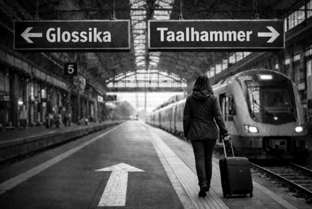 Black-and-white, ultrarealistic image of a large train station platform with high glass ceilings. A woman seen from behind walks forward pulling a suitcase. Overhead signs point in opposite directions: “Glossika” to the left and “Taalhammer” to the right. A modern train stands on the right track, and a large white arrow on the ground leads forward, emphasizing a choice between two paths.