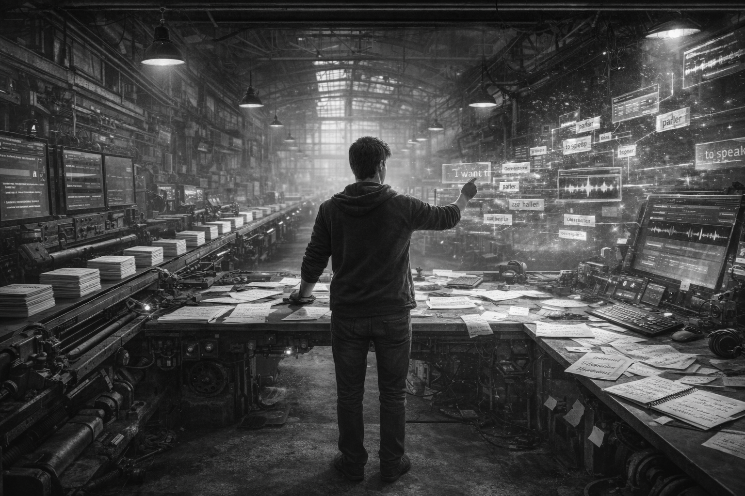 Ultrarealistic black-and-white image of a vast industrial workspace transformed into a personal language lab. A learner stands at a large workbench covered with papers, notebooks, and equipment. The left side is rigid and mechanical, with stacks of identical flashcards and conveyor belts producing uniform content. The right side is dynamic, with floating word fragments and interactive screens as the learner assembles sentences mid-air. Lighting contrasts both sides—flat and repetitive on the left, dramatic and focused on the right—emphasizing control and creative language building.
