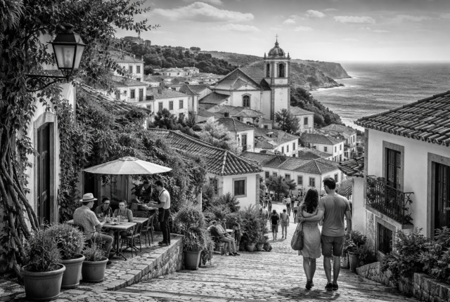 Black-and-white ultrarealistic 16:9 photo of a coastal Portuguese village with whitewashed houses and tiled roofs, a cobblestone street leading downhill to the sea, and people walking and sitting at a small café terrace.