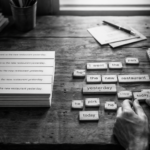 Black-and-white image of a wooden desk with a stack of identical printed sentences on one side and a person arranging individual word blocks into a sentence on the other, illustrating repetition versus active sentence construction. Normal language learning app vs Taalhammer, modern, AI supported language learning app.