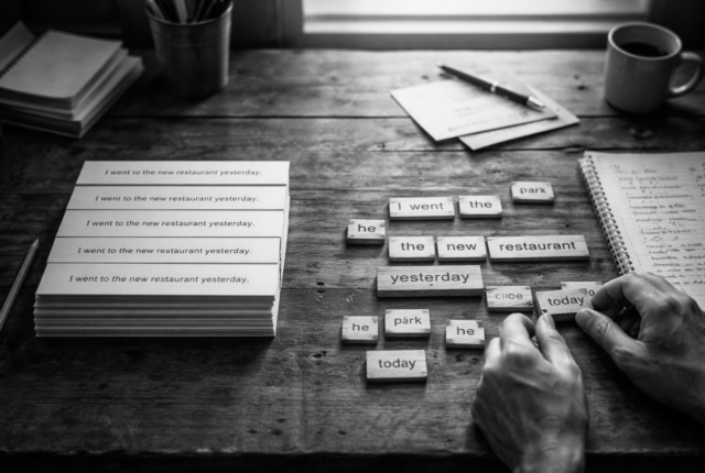 Black-and-white image of a wooden desk with a stack of identical printed sentences on one side and a person arranging individual word blocks into a sentence on the other, illustrating repetition versus active sentence construction. Normal language learning app vs Taalhammer, modern, AI supported language learning app.