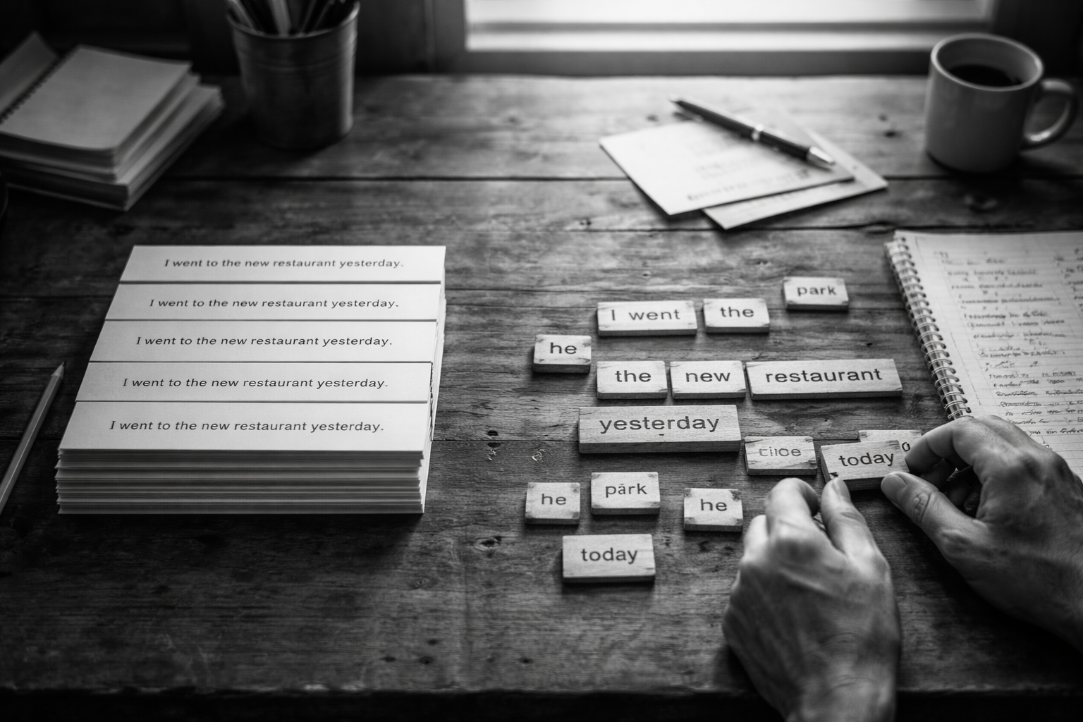 Black-and-white image of a wooden desk with a stack of identical printed sentences on one side and a person arranging individual word blocks into a sentence on the other, illustrating repetition versus active sentence construction. Normal language learning app vs Taalhammer, modern, AI supported language learning app.