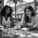 Black-and-white photo of friends talking at a seaside café in summer, with one woman visibly struggling to express herself in conversation—illustrating how a language learning app doesn’t always lead to real fluency in real-life situations.