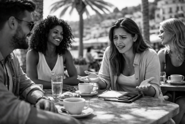 Black-and-white photo of friends talking at a seaside café in summer, with one woman visibly struggling to express herself in conversation—illustrating how a language learning app doesn’t always lead to real fluency in real-life situations.