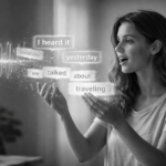 Black-and-white, ultrarealistic image of a woman speaking as sound waves transform into scattered words that she gathers and shapes into a complete, advanced sentence—illustrating how a language learning app connects listening, speaking, and memory into fluent expression.