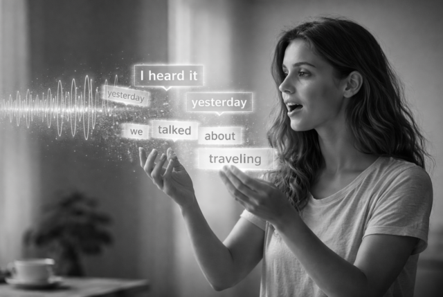Black-and-white, ultrarealistic image of a woman speaking as sound waves transform into scattered words that she gathers and shapes into a complete, advanced sentence—illustrating how a language learning app connects listening, speaking, and memory into fluent expression.