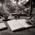 person learning Indonesian with a language learning app and notebook in a Southeast Asian setting, writing sentences and practicing language skills