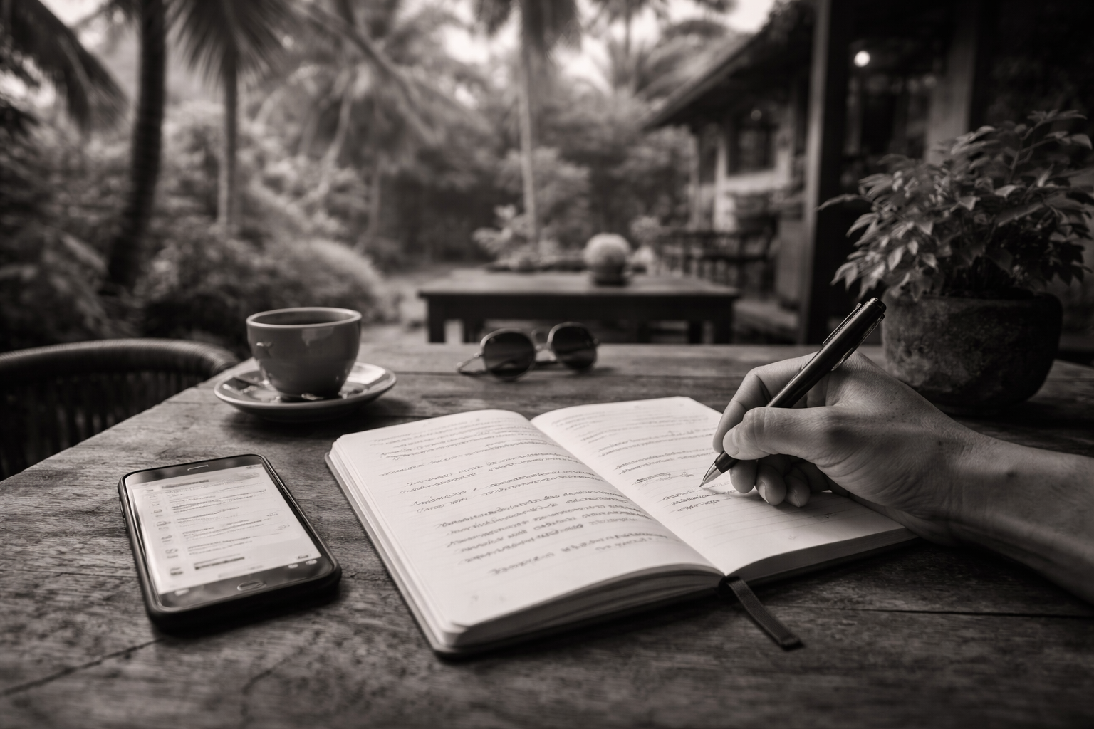 person learning Indonesian with a language learning app and notebook in a Southeast Asian setting, writing sentences and practicing language skills