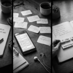 black and white image showing three language learning methods: corrected sentences in a notebook, generated sentence notes around a phone, and hands building a sentence from word blocks using a language learning app