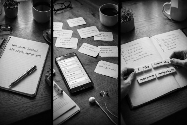 black and white image showing three language learning methods: corrected sentences in a notebook, generated sentence notes around a phone, and hands building a sentence from word blocks using a language learning app