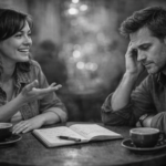 contrast between real conversation and difficulty forming sentences, representing challenges with language learning apps and speaking ability