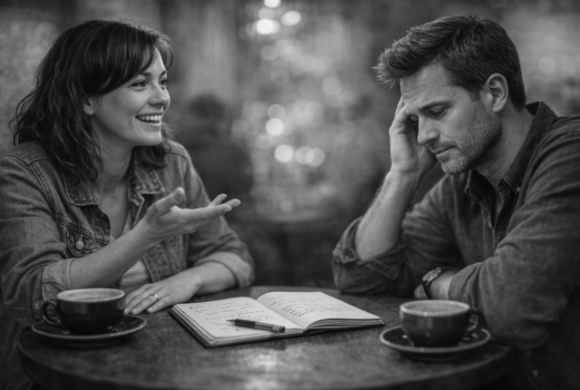 contrast between real conversation and difficulty forming sentences, representing challenges with language learning apps and speaking ability