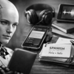 Ultrarealistic black-and-white image showing a humanoid AI robot studying alongside traditional tools like flashcards, a smartphone, headphones, and a notebook, symbolizing the comparison between AI and a language learning app approach to building vocabulary, listening, and speaking skills.