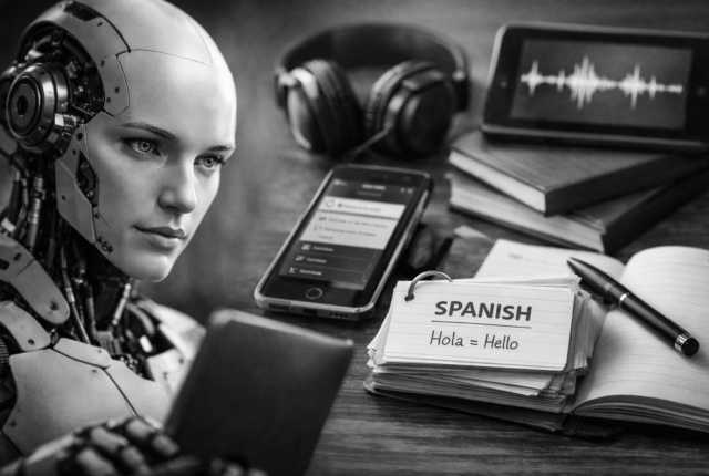 Ultrarealistic black-and-white image showing a humanoid AI robot studying alongside traditional tools like flashcards, a smartphone, headphones, and a notebook, symbolizing the comparison between AI and a language learning app approach to building vocabulary, listening, and speaking skills.