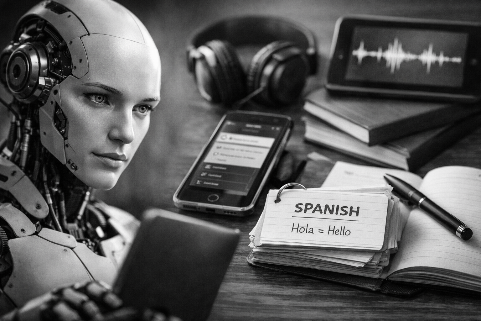 Ultrarealistic black-and-white image showing a humanoid AI robot studying alongside traditional tools like flashcards, a smartphone, headphones, and a notebook, symbolizing the comparison between AI and a language learning app approach to building vocabulary, listening, and speaking skills.