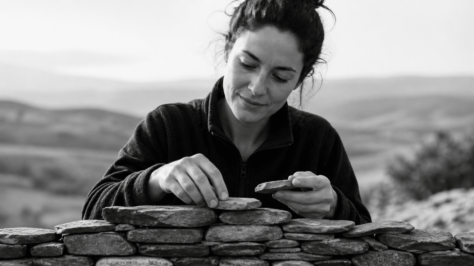 Black-and-white ultrarealistic image of a person outdoors carefully stacking small stone pieces into a structured form, symbolizing active language construction and building fluency through a structured learning system.