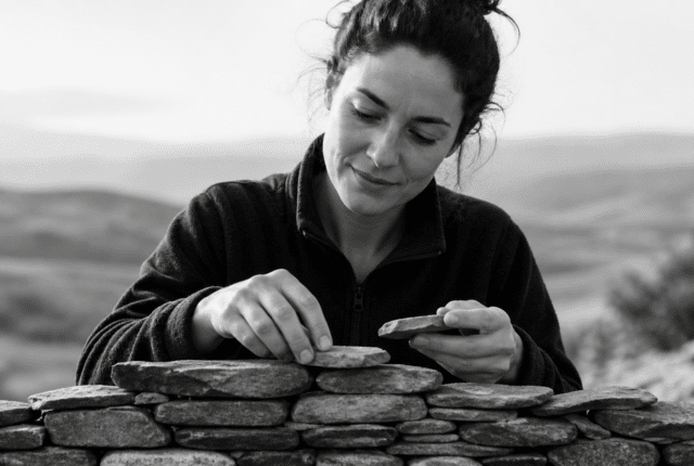 Black-and-white ultrarealistic image of a person outdoors carefully stacking small stone pieces into a structured form, symbolizing active language construction and building fluency through a structured learning system.