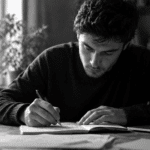 Black-and-white ultrarealistic image of a man writing in a notebook at a desk, symbolizing focused language learning and sentence construction in a language learning app