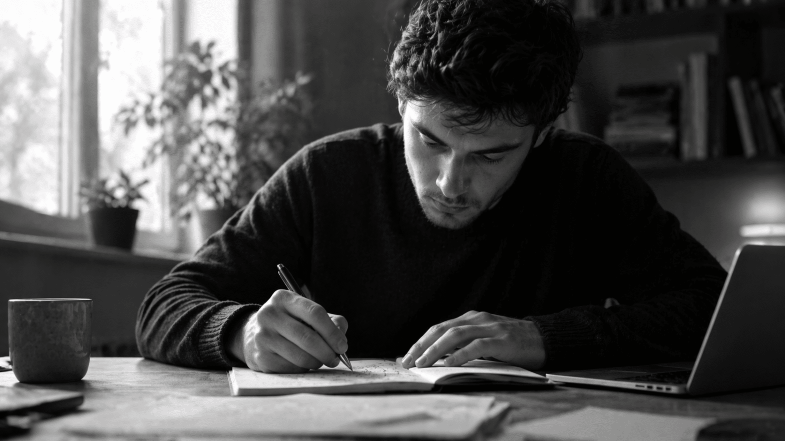 Black-and-white ultrarealistic image of a man writing in a notebook at a desk, symbolizing focused language learning and sentence construction in a language learning app