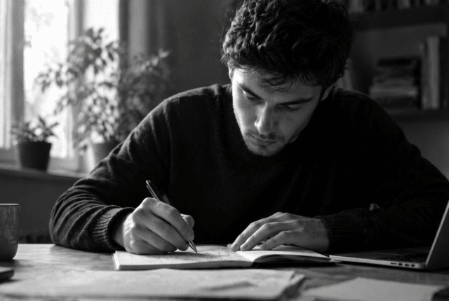 Black-and-white ultrarealistic image of a man writing in a notebook at a desk, symbolizing focused language learning and sentence construction in a language learning app