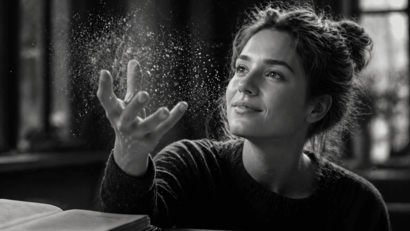 Black-and-white ultrarealistic image of a smiling person gently interacting with floating particles that subtly resemble words, symbolizing turning passive knowledge from a language learning app into usable language