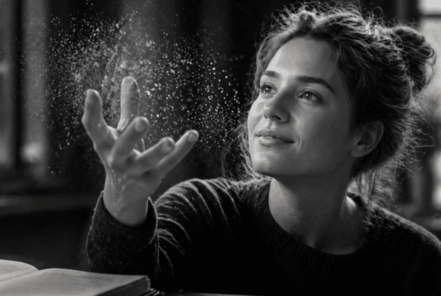 Black-and-white ultrarealistic image of a smiling person gently interacting with floating particles that subtly resemble words, symbolizing turning passive knowledge from a language learning app into usable language