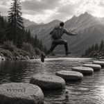 Ultrarealistic black and white 16:9 image of a person jumping across a river on stepping stones engraved with words, symbolizing a language learning app process of moving from translation-based thinking to fluent, direct sentence production in a calm natural landscape