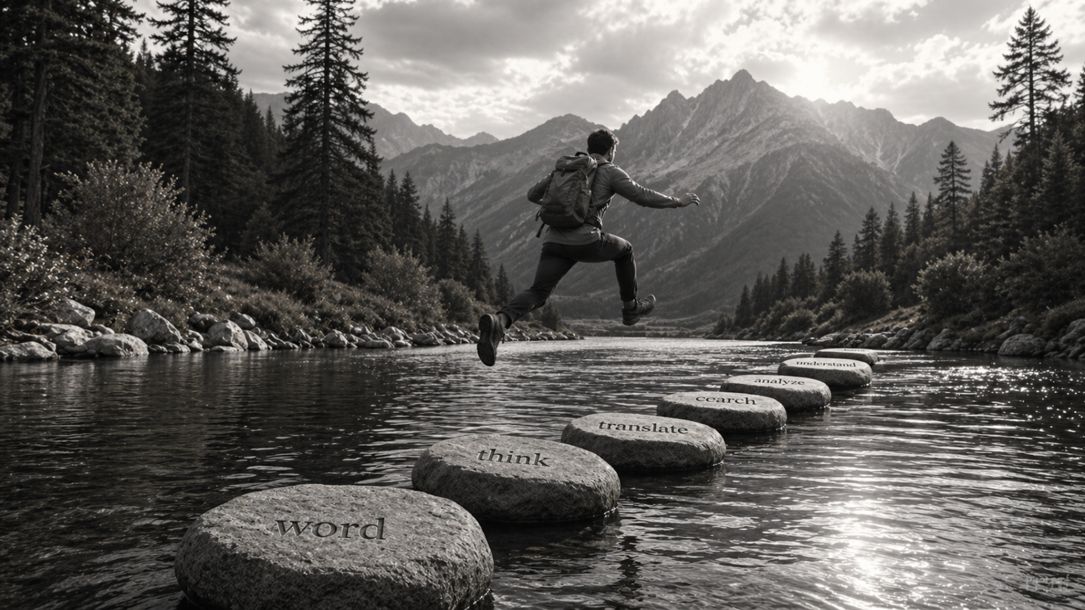 Ultrarealistic black and white 16:9 image of a person jumping across a river on stepping stones engraved with words, symbolizing a language learning app process of moving from translation-based thinking to fluent, direct sentence production in a calm natural landscape