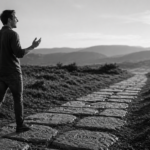 Black-and-white ultrarealistic image of a person walking along a path made of engraved word stones, speaking confidently while moving forward through an open landscape, symbolizing active language use and progress in a language learning app.