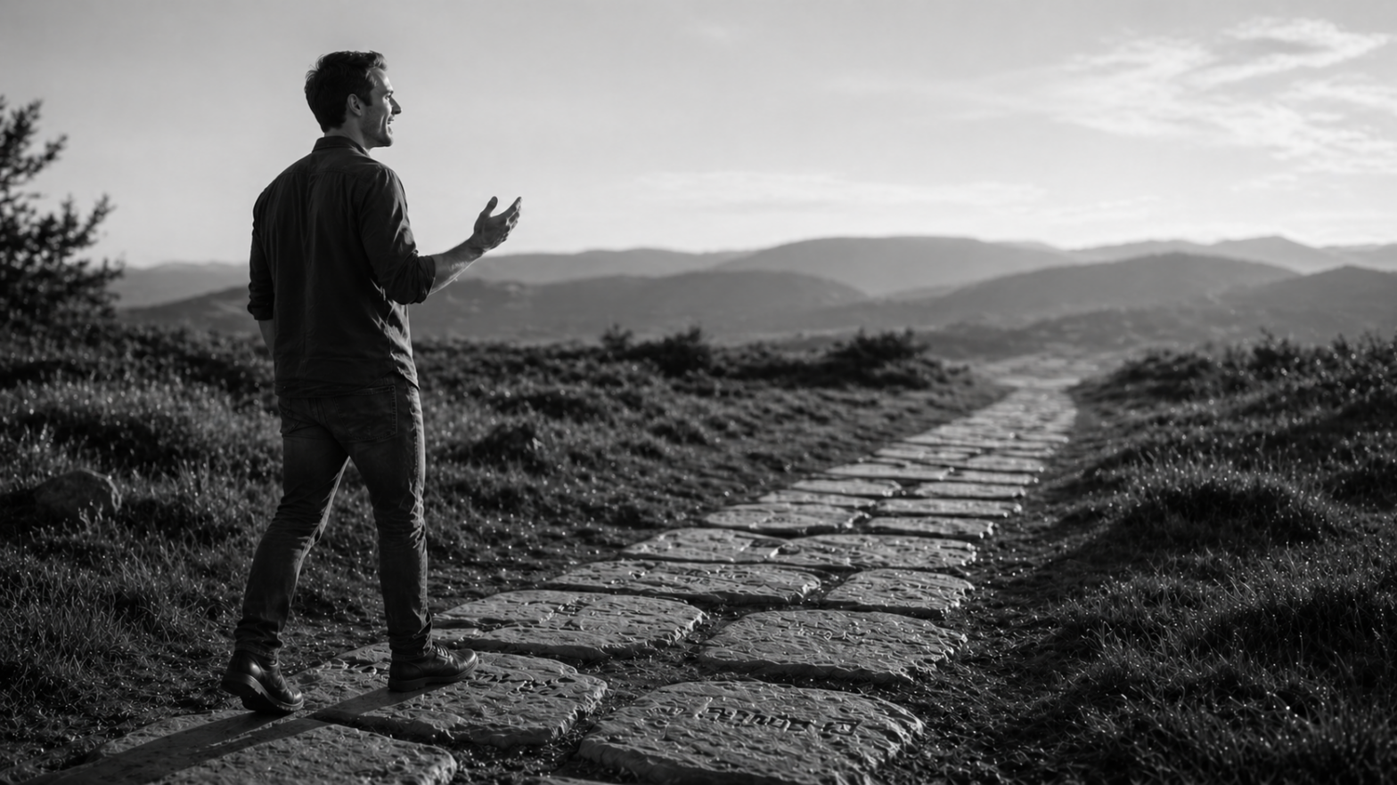 Black-and-white ultrarealistic image of a person walking along a path made of engraved word stones, speaking confidently while moving forward through an open landscape, symbolizing active language use and progress in a language learning app.