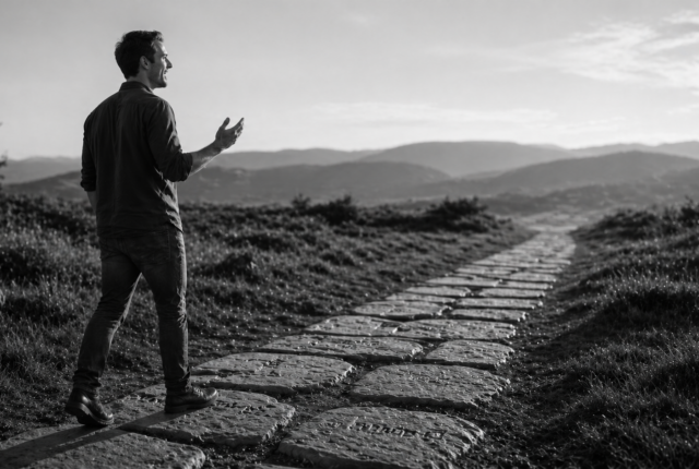 Black-and-white ultrarealistic image of a person walking along a path made of engraved word stones, speaking confidently while moving forward through an open landscape, symbolizing active language use and progress in a language learning app.