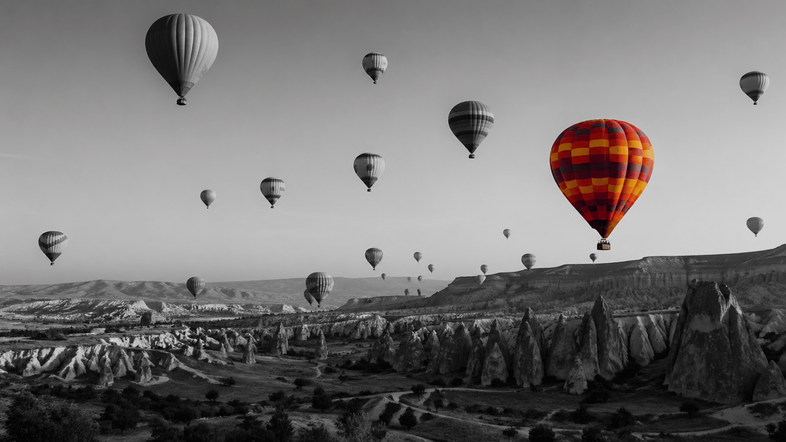 Black-and-white panoramic view of Cappadocia with multiple hot air balloons in the sky, one balloon in vibrant color standing out against the monochrome landscape, symbolizing focus and distinction in a language learning journey.