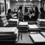 Black-and-white image of a desk covered with stacks of study materials and language notes, while a group of people chats naturally in the background, illustrating the gap between studying a language and speaking it fluently.