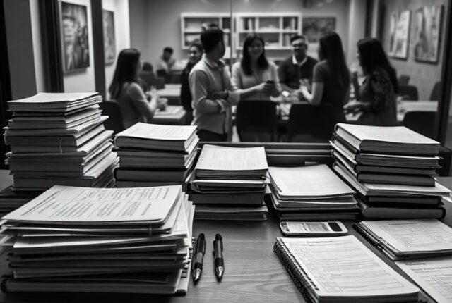 Black-and-white image of a desk covered with stacks of study materials and language notes, while a group of people chats naturally in the background, illustrating the gap between studying a language and speaking it fluently.