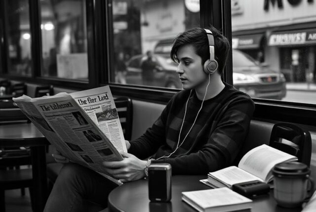 Black-and-white image of a person in a café reading a foreign-language newspaper while listening to audio through headphones, illustrating how everyday activities can become part of a language immersion system without living abroad.