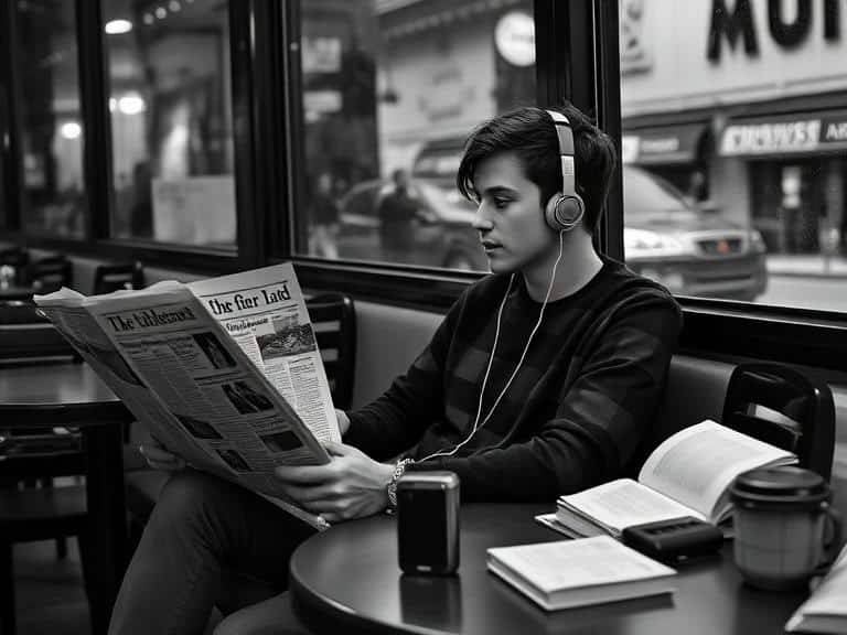 Black-and-white image of a person in a café reading a foreign-language newspaper while listening to audio through headphones, illustrating how everyday activities can become part of a language immersion system without living abroad.