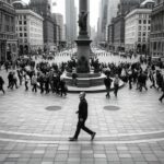 **Alt text:** Black-and-white image of a person walking in circles around a city monument while crowds move purposefully in every direction, symbolizing the frustration of repeatedly learning the same vocabulary without making real progress.