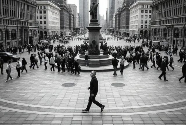**Alt text:** Black-and-white image of a person walking in circles around a city monument while crowds move purposefully in every direction, symbolizing the frustration of repeatedly learning the same vocabulary without making real progress.
