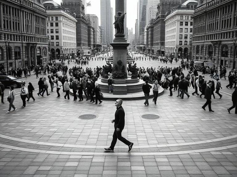 **Alt text:** Black-and-white image of a person walking in circles around a city monument while crowds move purposefully in every direction, symbolizing the frustration of repeatedly learning the same vocabulary without making real progress.