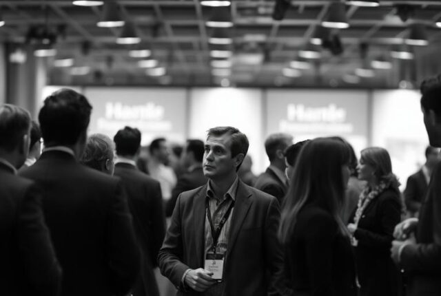 Black-and-white image of a professional at a networking event, listening to conversations around them while hesitating to join in, illustrating the gap between knowing vocabulary and speaking fluently.