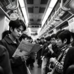 Black-and-white image of a learner asking for directions on a crowded Bangkok metro train, using Thai in a real-life situation while studying a transit map with the help of a local passenger.