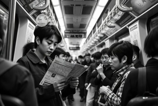 Black-and-white image of a learner asking for directions on a crowded Bangkok metro train, using Thai in a real-life situation while studying a transit map with the help of a local passenger.