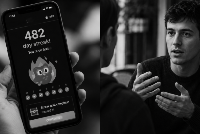 Ultrarealistic black-and-white 16:9 image showing a language learner holding a smartphone with a long daily streak while struggling to communicate during a real-life conversation, symbolizing the gap between app engagement and real fluency in language learning.
